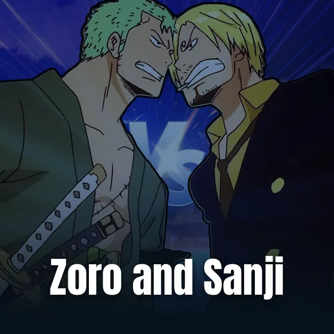 Zoro and Sanji arguing face to face against a blue background from One Piece.