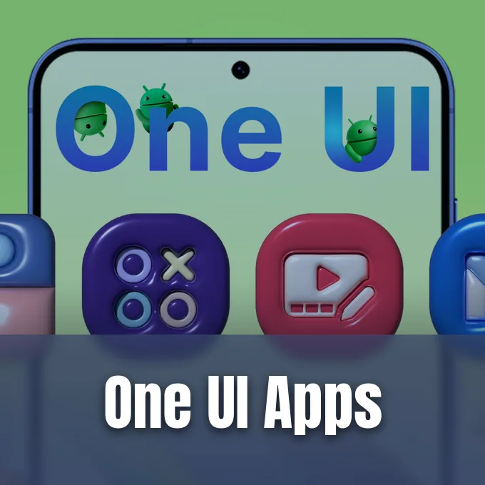 A smartphone screen displaying One UI lettering accompanied by colorful stylized application icons.