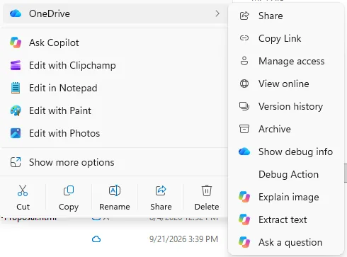 Image file Copilot actions in OneDrive