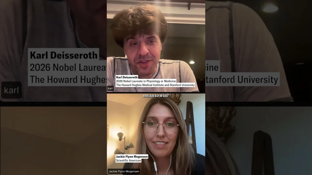 Video interview frame showing Karl Deisseroth discussing his Nobel Prize recognition.