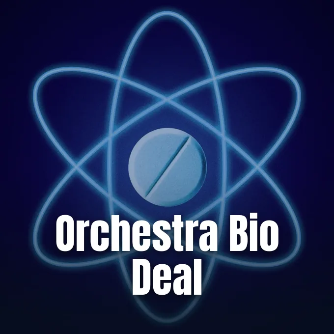 A glowing neon atomic symbol encircling a medicine pill illustration set against a dark blue background.