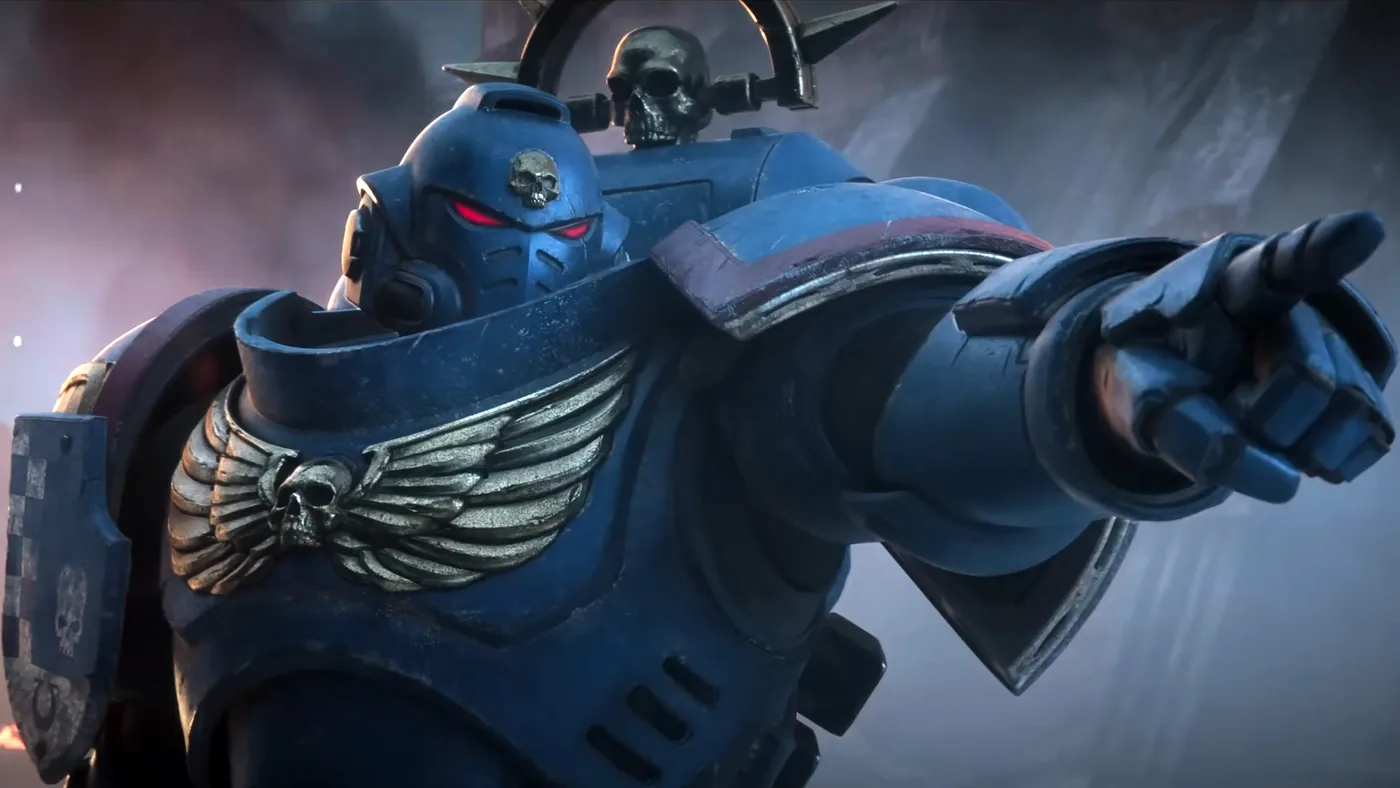 A Space Marine commander pointing across the battlefield in Total War: Warhammer 40,000.