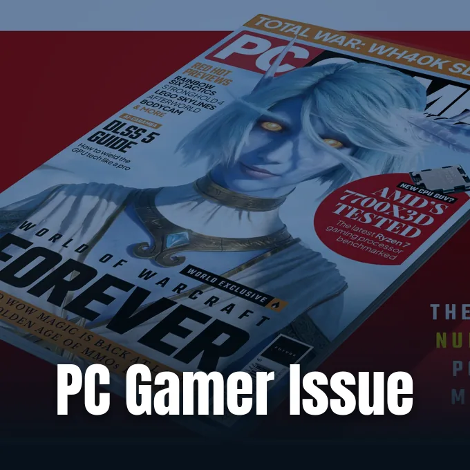 A copy of PC Gamer magazine featuring a World of Warcraft character on the cover.