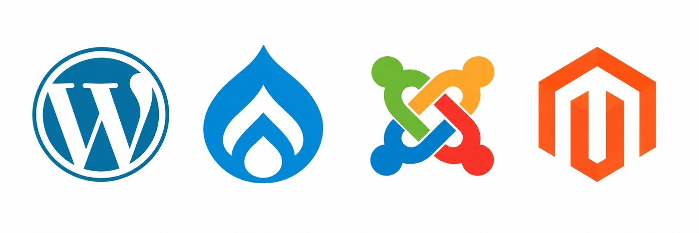 Logos for WordPress, Drupal, Joomla, and Magento