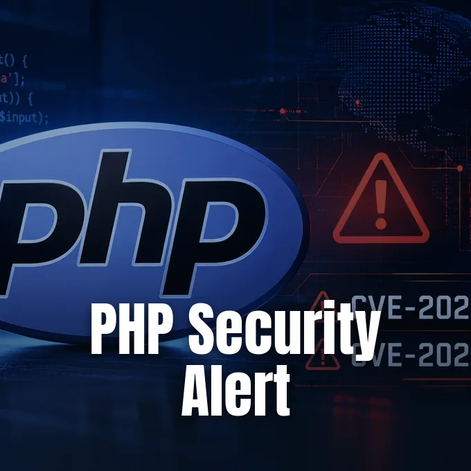 A large blue PHP logo next to a red warning sign against a dark digital background