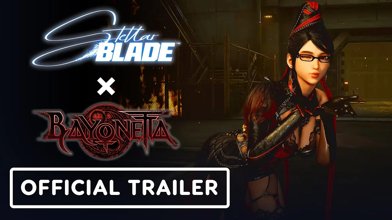 Official trailer thumbnail for the Stellar Blade and Bayonetta collaboration.