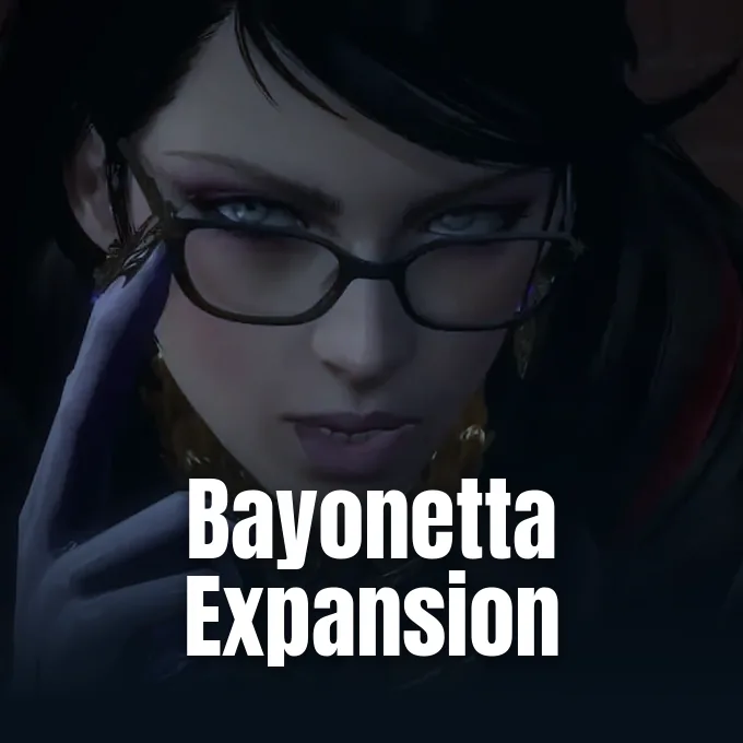 Close-up portrait of Bayonetta wearing black-rimmed glasses and adjusting her frame with a gloved hand.