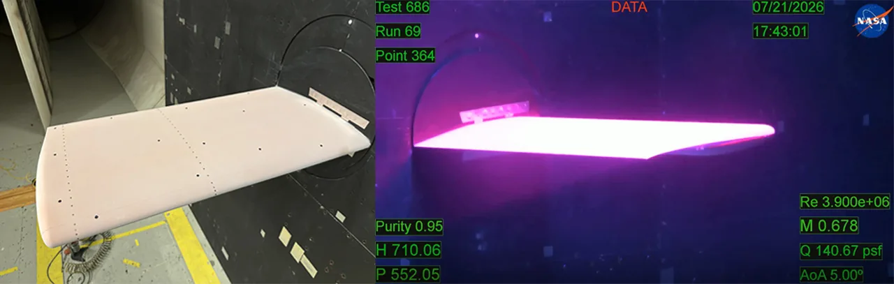 NASA Benchmark Supercritical Wing shown unilluminated and illuminated by pressure sensitive paint in a wind tunnel.