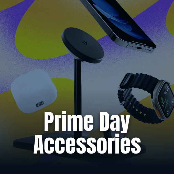 A wireless charging stand surrounded by a smartphone, smartwatch, and earbuds case against a colorful background.