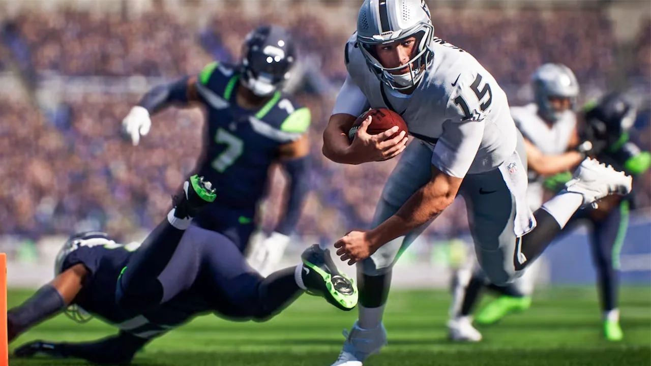 Football players on the field from an EA Sports presentation.