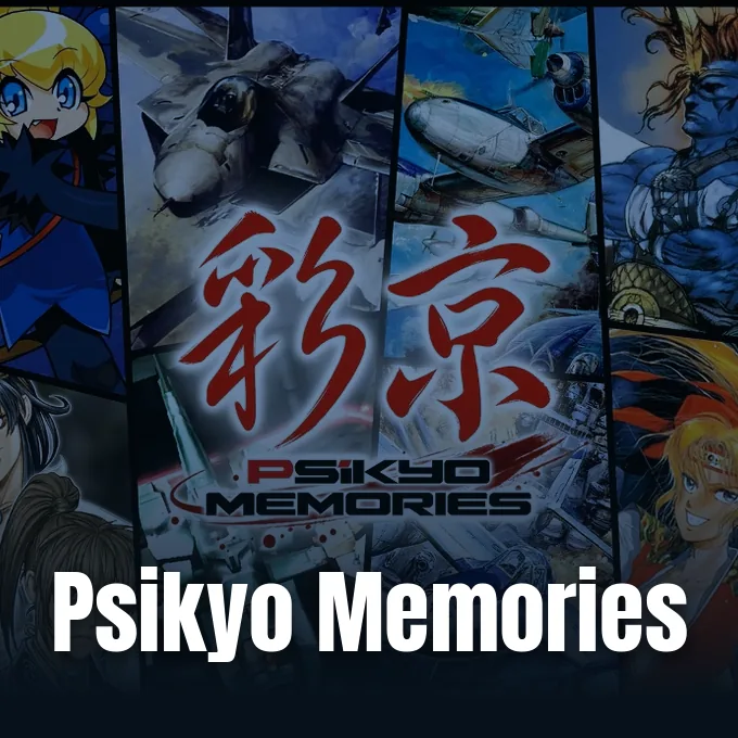 Key visual collage featuring classic shooter game artwork and characters surrounding the Psikyo logo