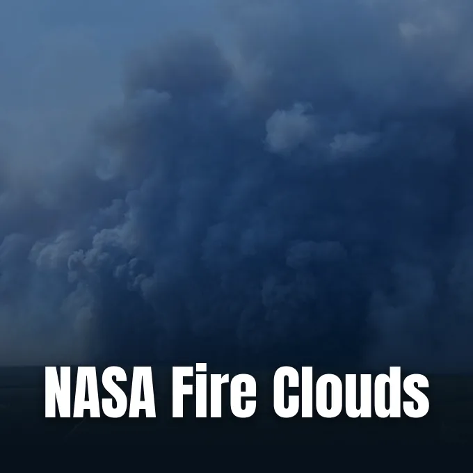 A NASA research aircraft flight observing pyrocumulonimbus clouds over wildfire smoke.