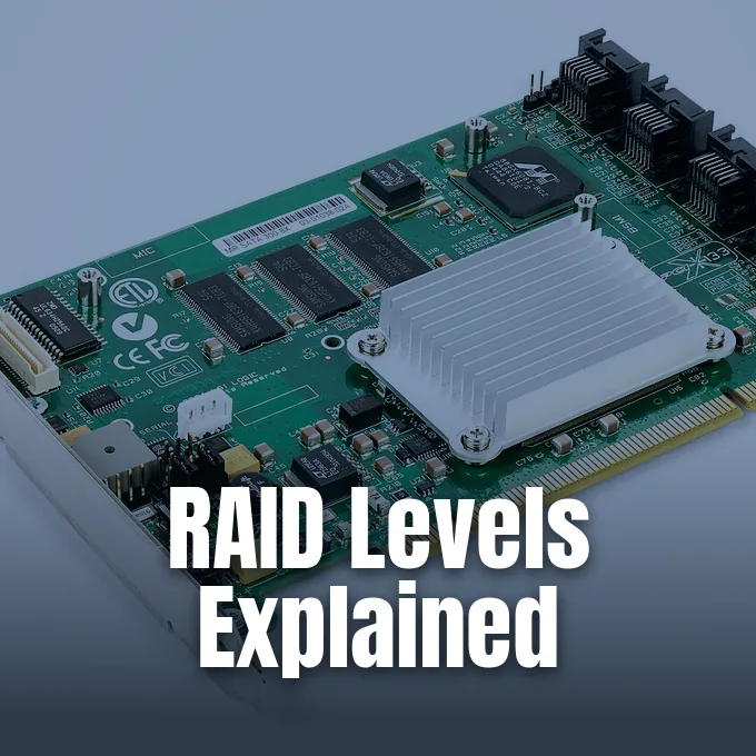 A green hardware RAID controller expansion card featuring an aluminum heatsink, memory chips, and internal SATA ports