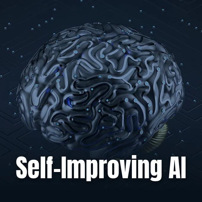 A stylized dark metallic artificial intelligence brain model with glowing neural circuit patterns on a circuit background.