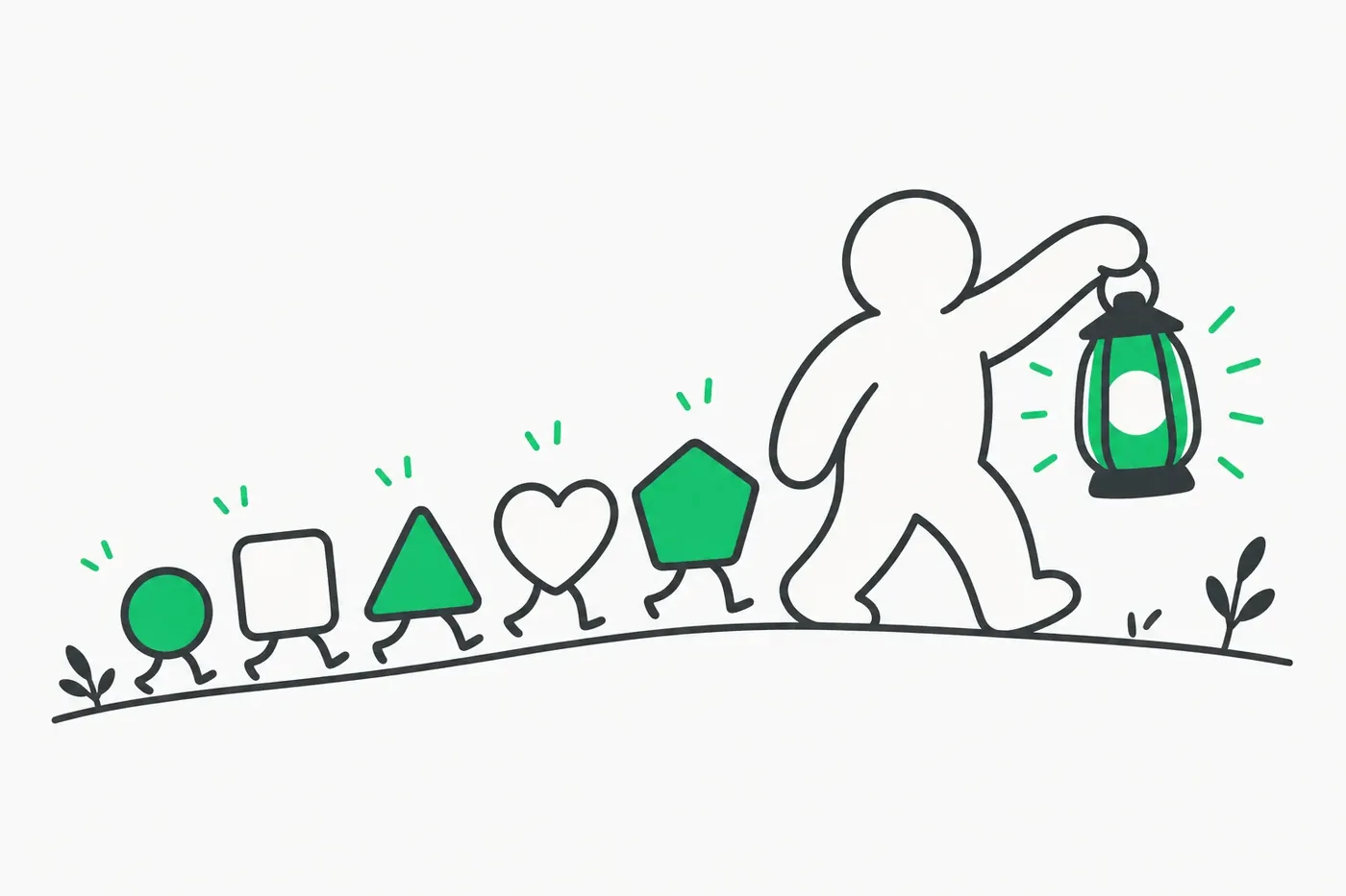 A maintainer figure holding a lantern while guiding geometric shapes.