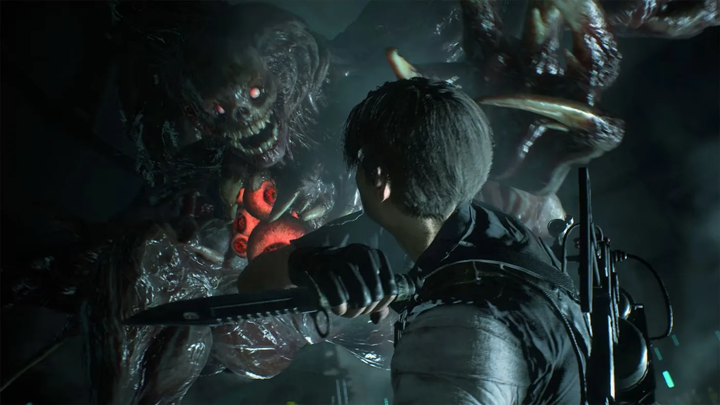 Leon Kennedy exploring the dark hallways of the Raccoon City Police Department in Resident Evil 2.