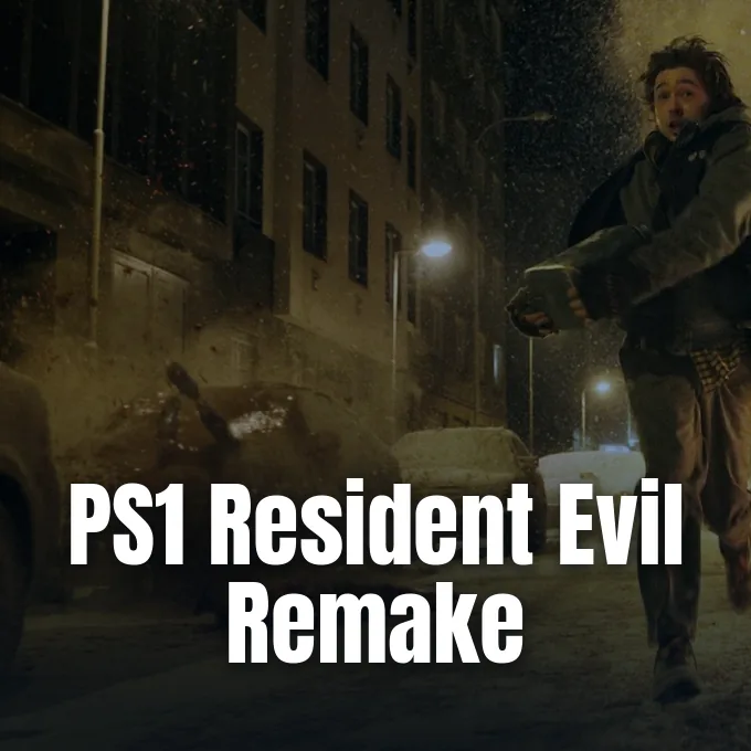 A man runs through a dark snowy city street at night holding a bulky rectangular object.