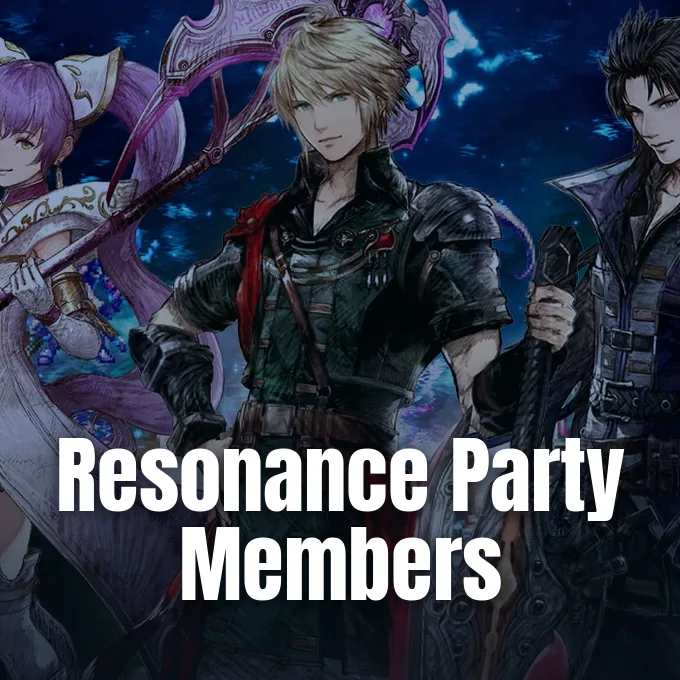 Video game party members standing together with weapons against a dark atmospheric fantasy background