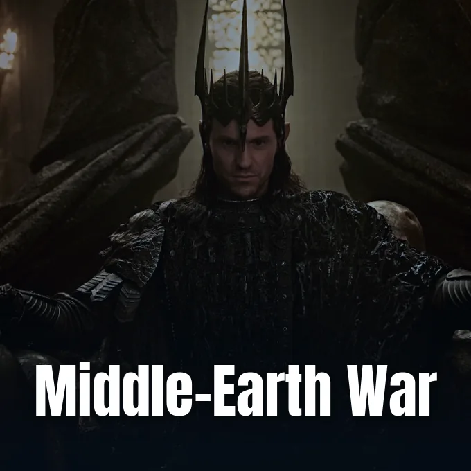 A dark-haired crowned king wearing black armor sits solemnly on a stone throne.