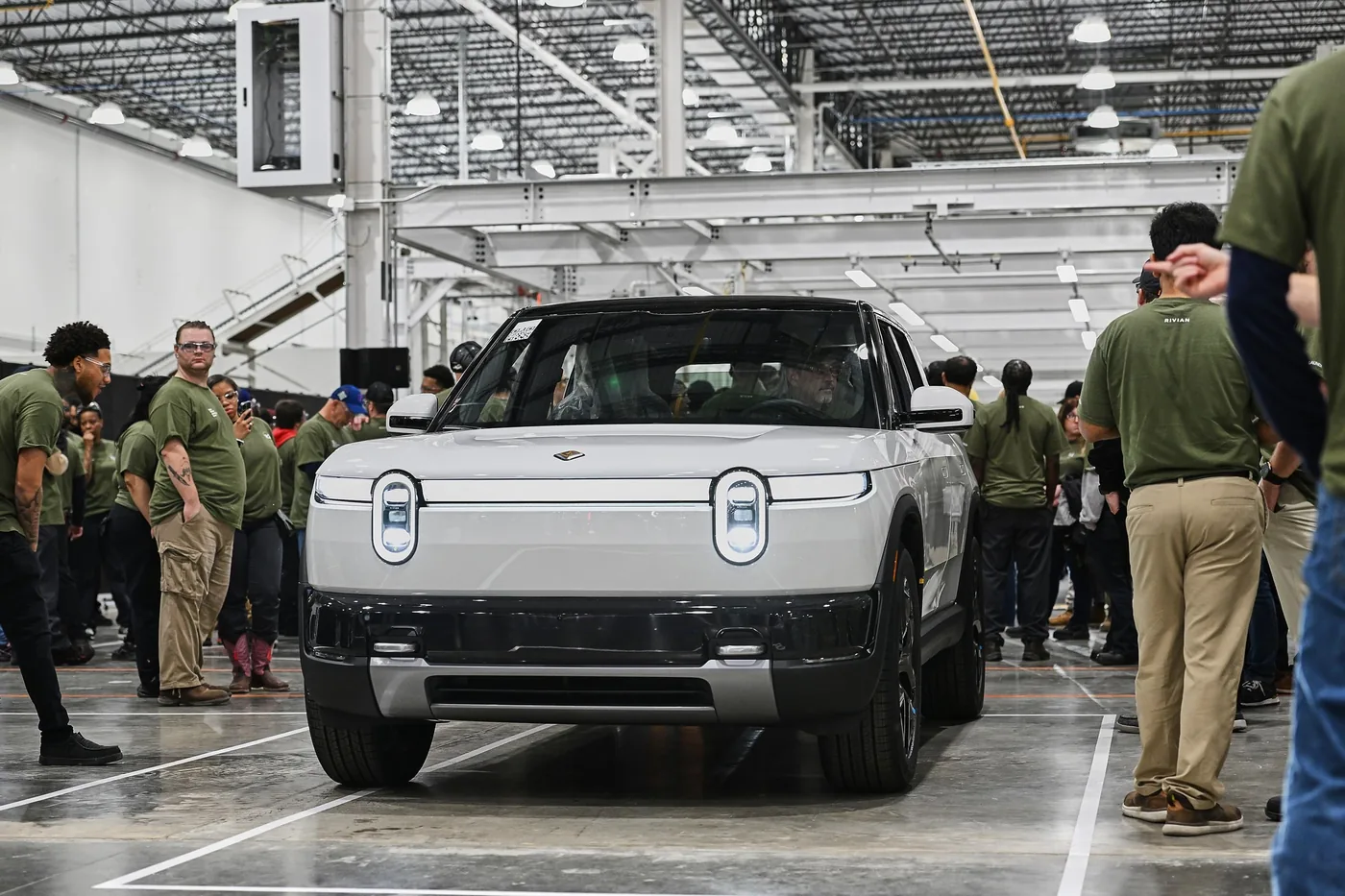 Manufacturing operations inside the Rivian factory in Normal, Illinois.