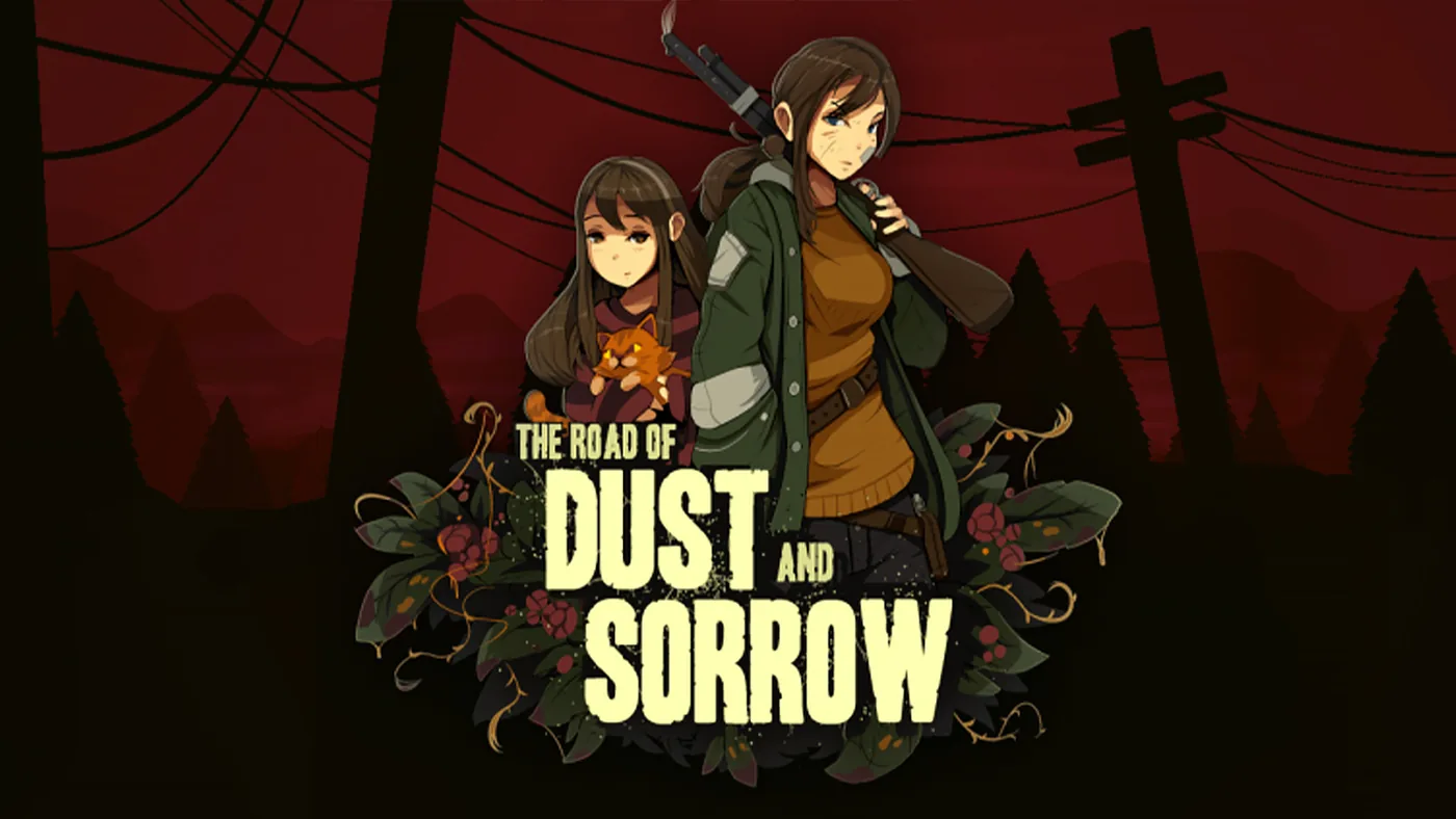 Promotional artwork for The Road of Dust and Sorrow showing post-apocalyptic pixel art themes.