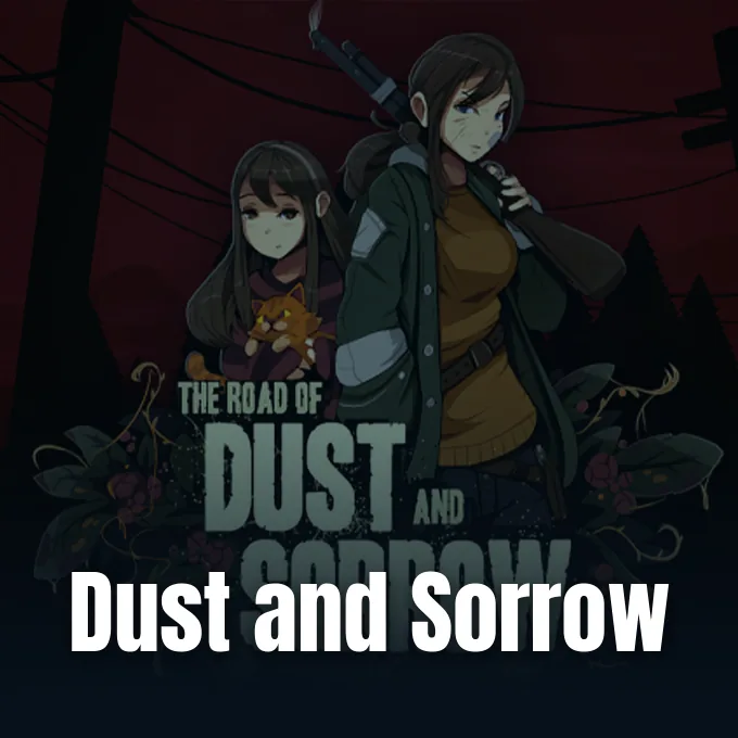 Two anime-style characters and an orange cat standing together against a dark post-apocalyptic background.