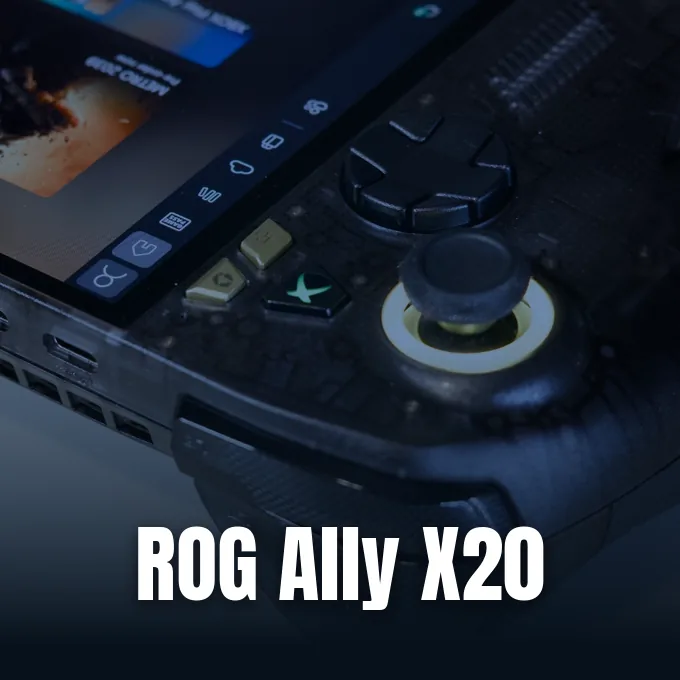 Close-up angled view of a black handheld gaming console showing screen, d-pad, and glowing joystick ring