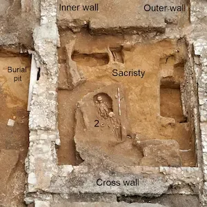 Excavations showing medieval sacristy burial pits at Westminster Abbey
