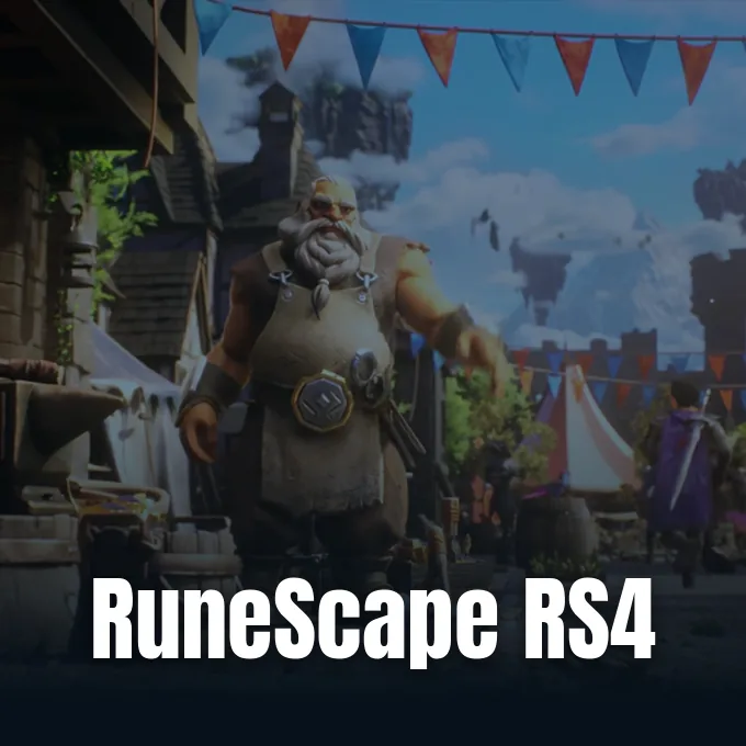 A fantasy blacksmith character stands in a vibrant medieval festival square with banners and tents.