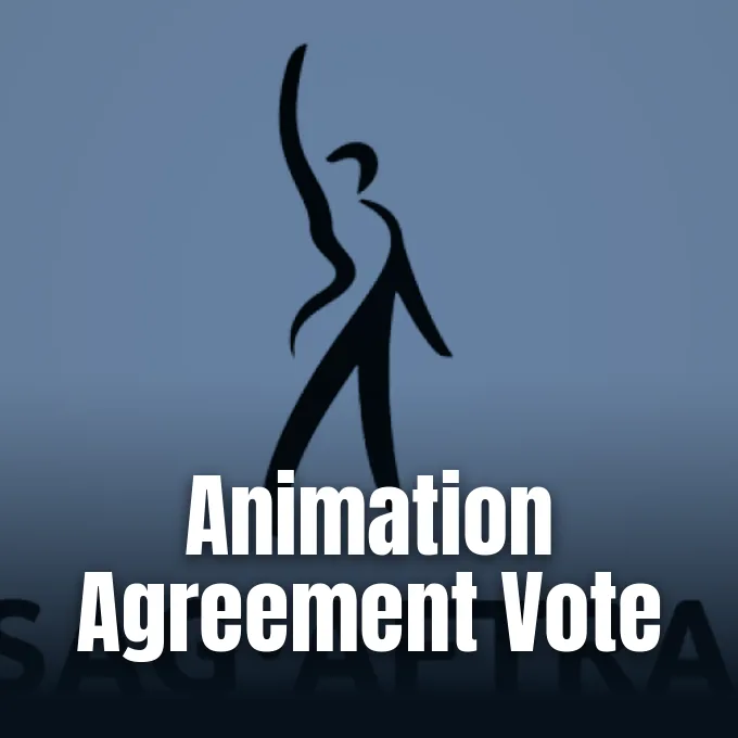 A minimalist depiction of the SAG-AFTRA logo figure set against a soft gradient blue background.