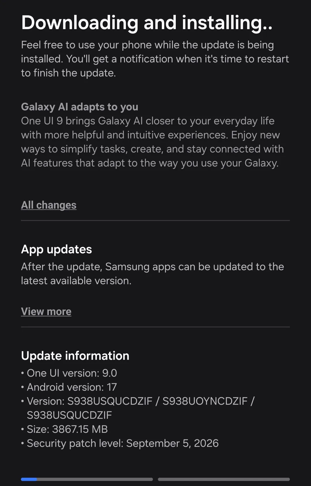 Samsung Android 17 download screen on a Galaxy S25 Ultra device in the United States.