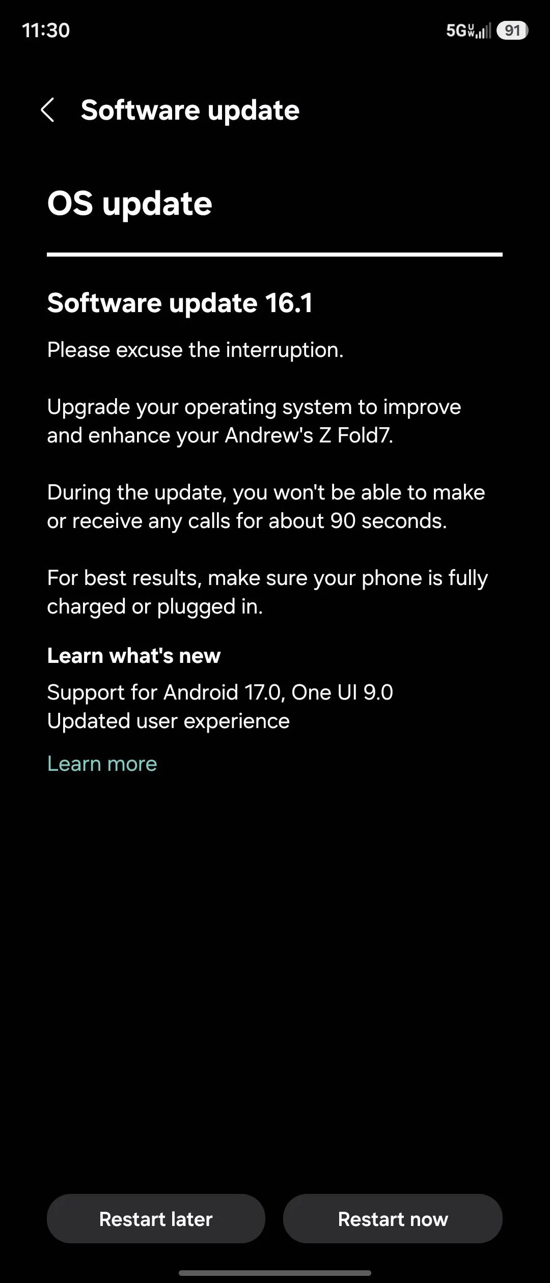 Verizon software update notification for Android 17 on the Galaxy Z Fold 7.