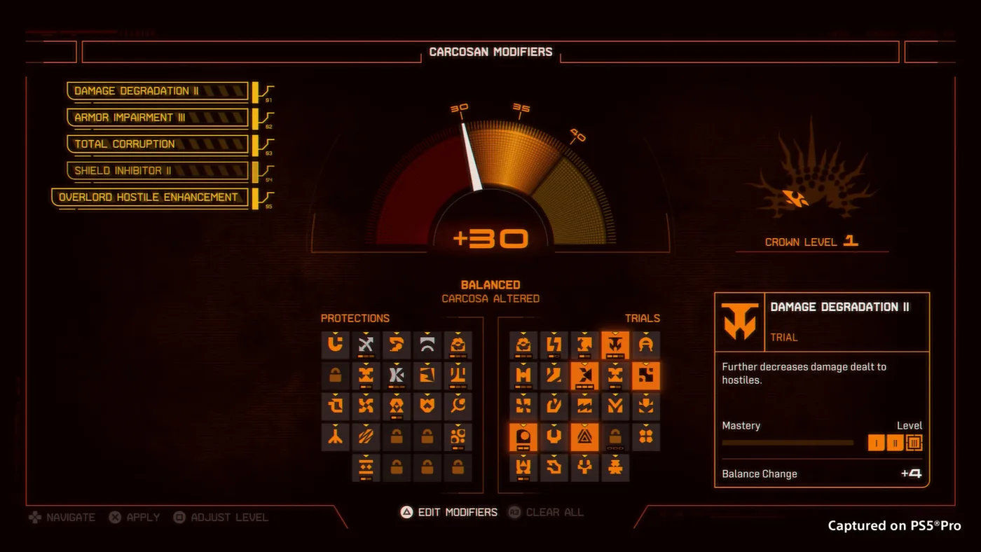 In-game Carcosan Modifiers interface in Saros showing difficulty gauges
