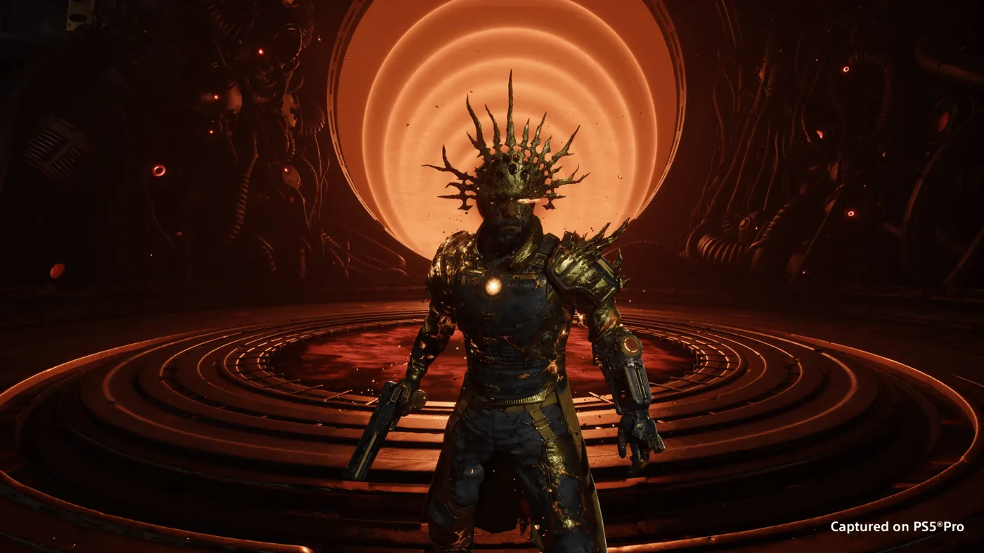 Arjun Devraj wearing golden armor and a spiked crown in Saros