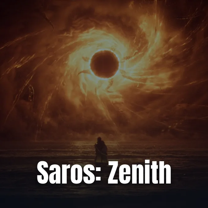 A solitary figure standing beneath a massive swirling fiery celestial vortex with a dark core