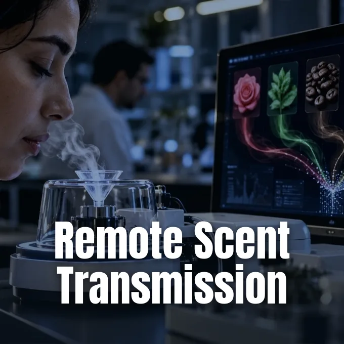 A researcher in a laboratory observing scent vapor emitted from an electronic device beside a computer display.