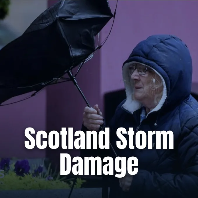 An elderly woman wearing a hooded coat holds an umbrella turned inside out by strong winds.