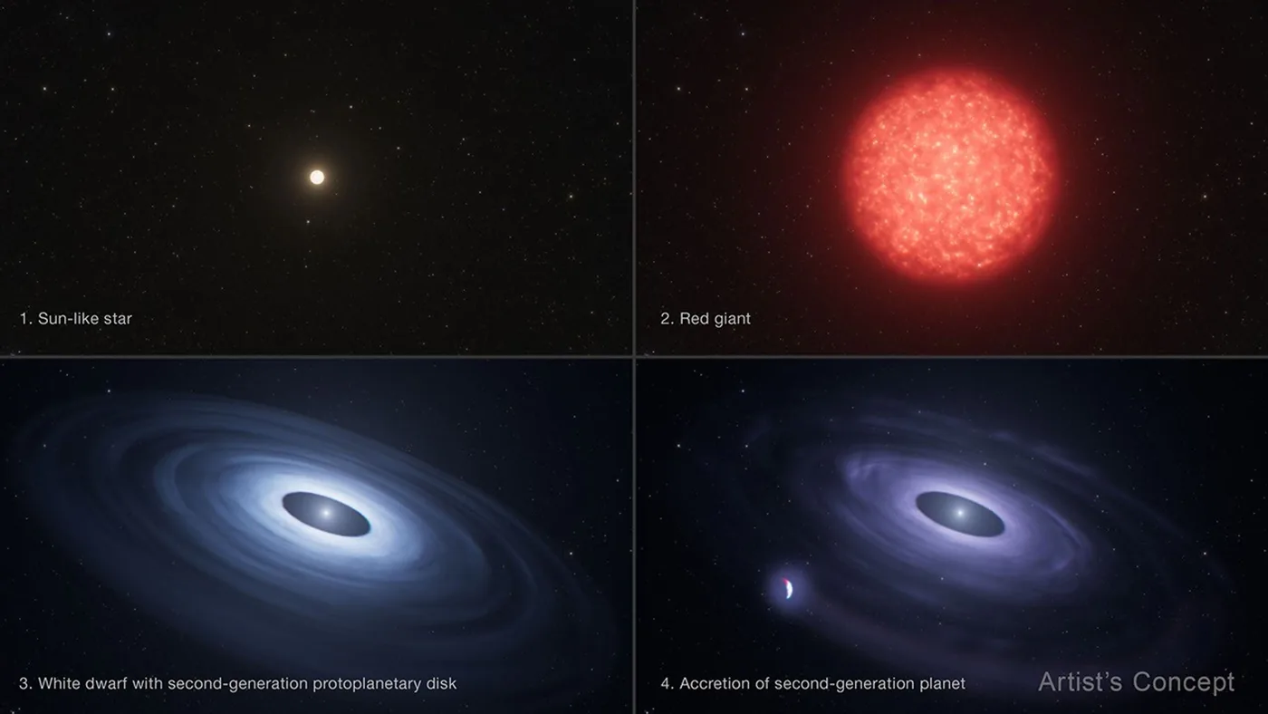 Illustration tracking the evolution of a star system into a white dwarf surrounded by ejected material.
