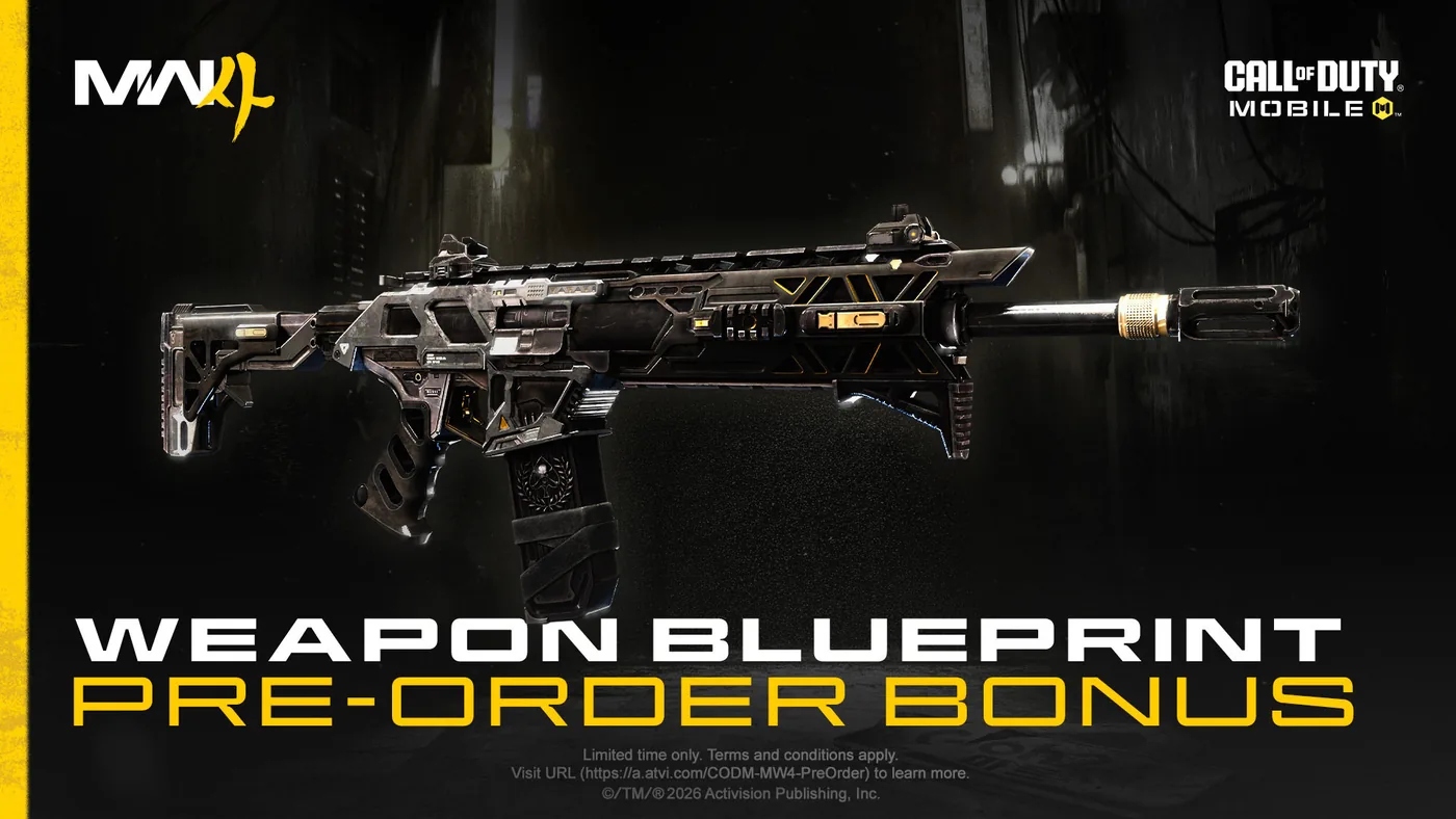 Promotional banner displaying Call of Duty: Mobile and Modern Warfare 4 pre-order bonus items.