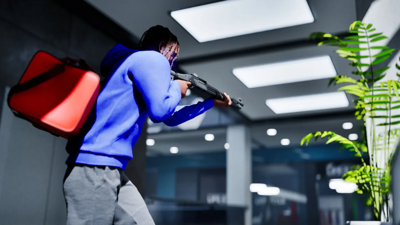 A player holding a shotgun in the indie first-person shooter Hood Warfare 2.