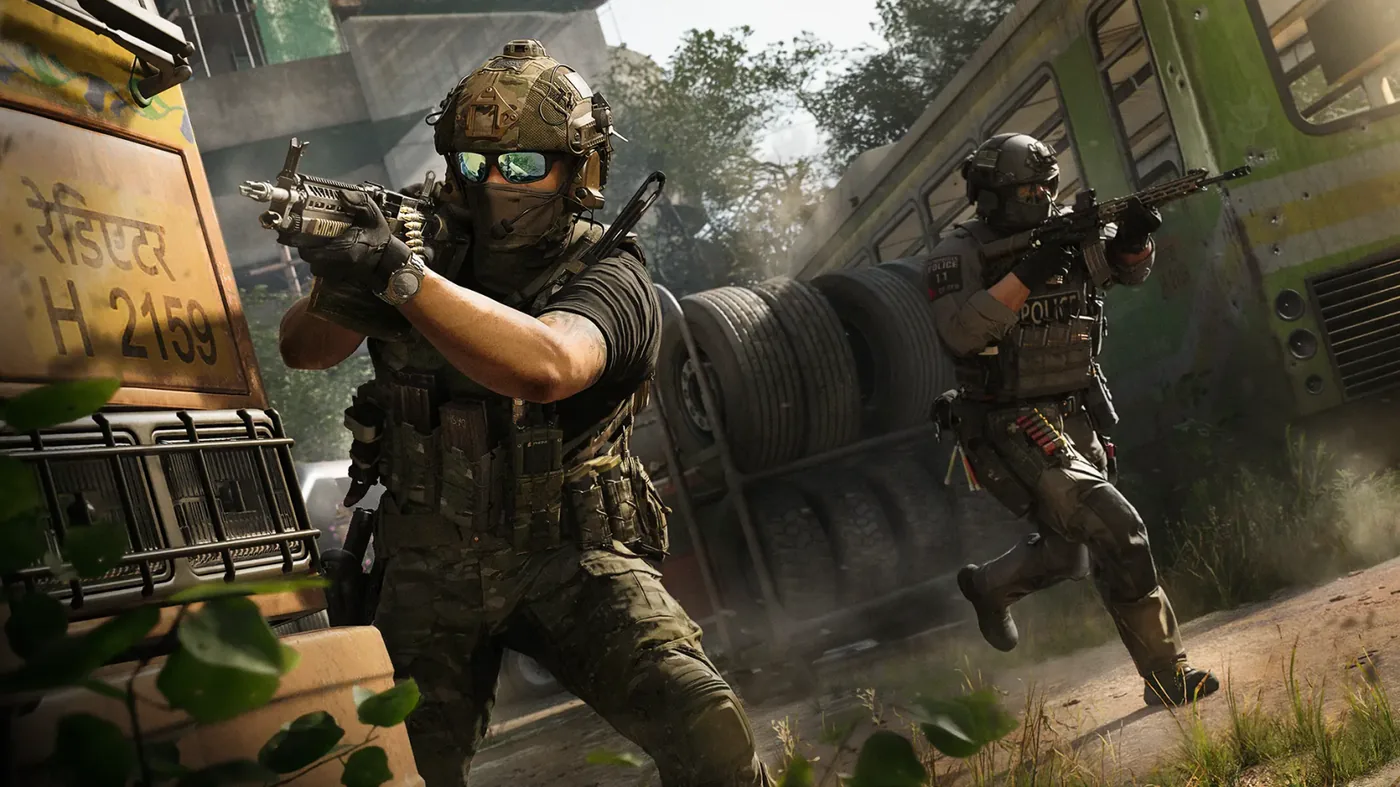 Two soldiers shooting their weapons in an urban multiplayer environment.