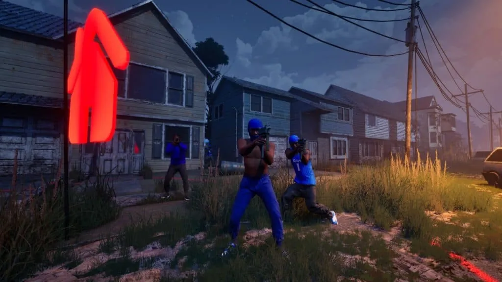 Characters in blue holding weapons during Turf War Domination in Hood Warfare 2.
