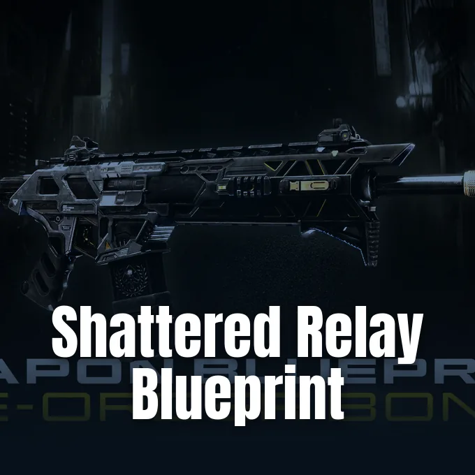 A futuristic black assault rifle weapon blueprint displayed horizontally against a dark military background.