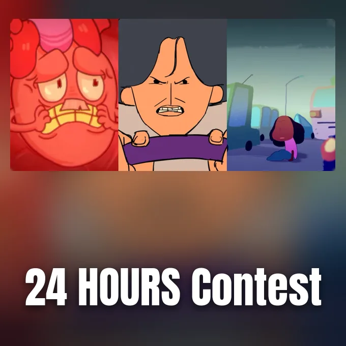 Three panels showing colorful animated student film characters created for the animation competition.