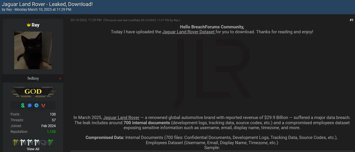 Leaked file directory from the cyberattack claimed against Jaguar Land Rover.