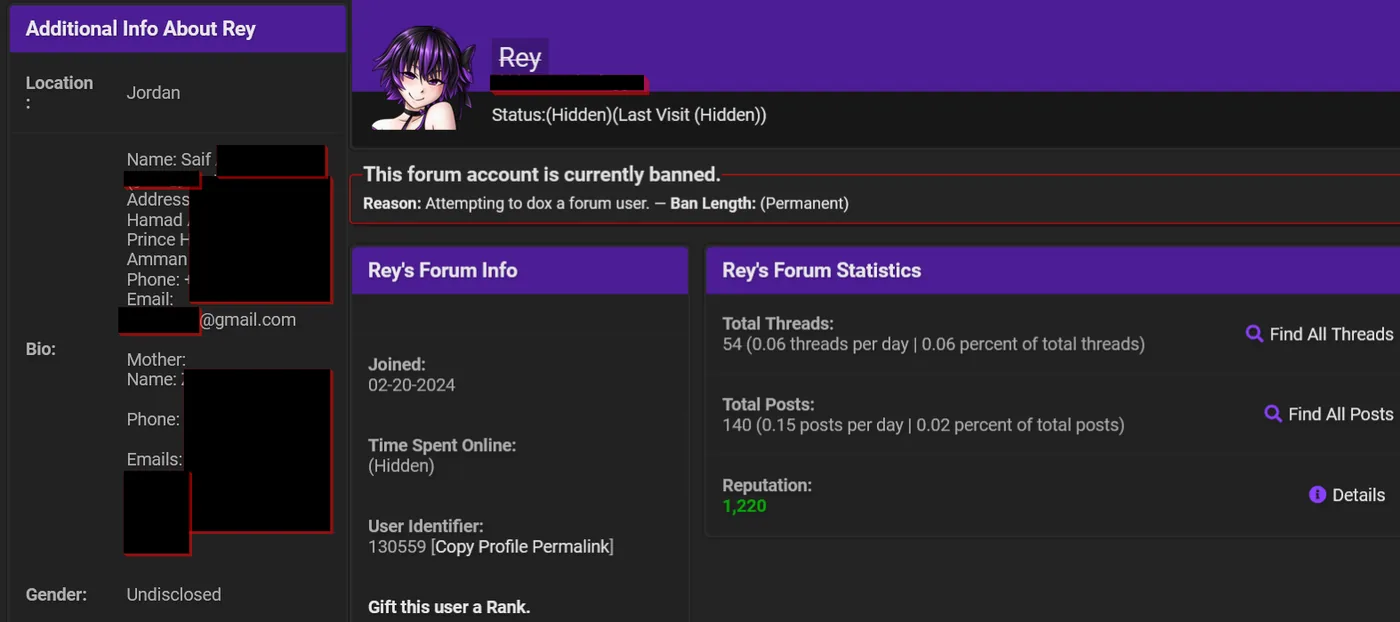 Redacted forum profile showing the account of suspect Rey and personal details.