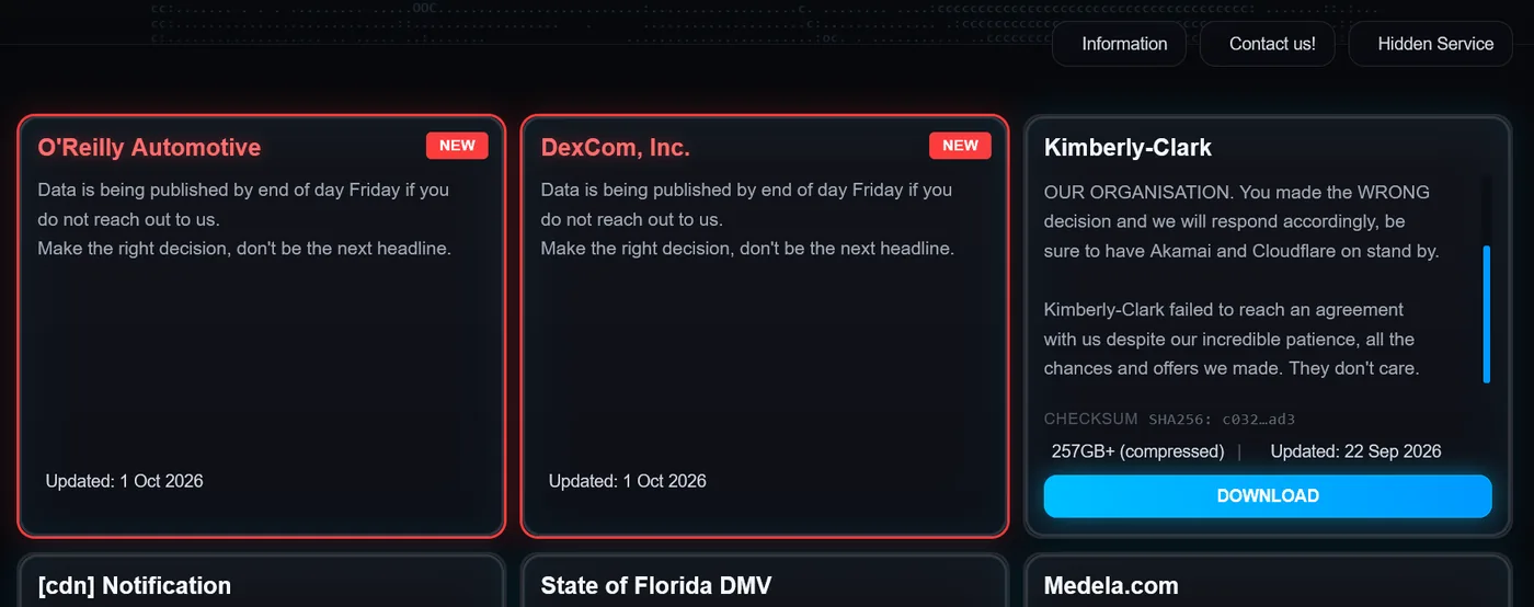 Dark web leak site of the ShinyHunters hacker group listing targeted corporate victims.