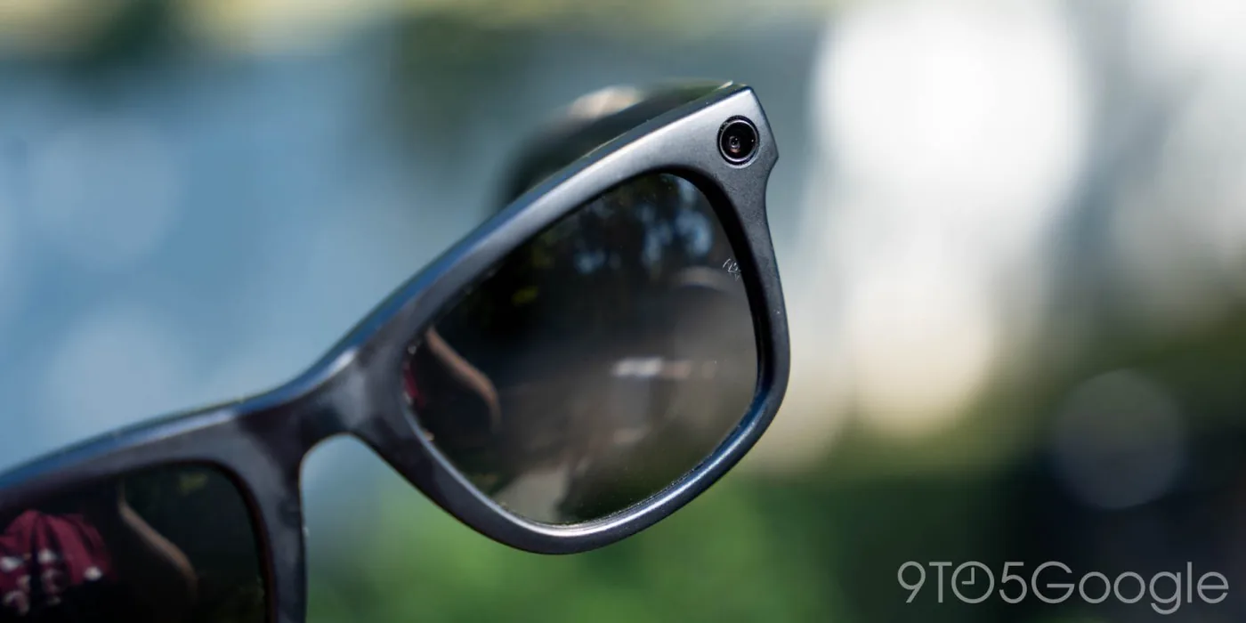 Close-up view of the embedded camera module in smart glasses.