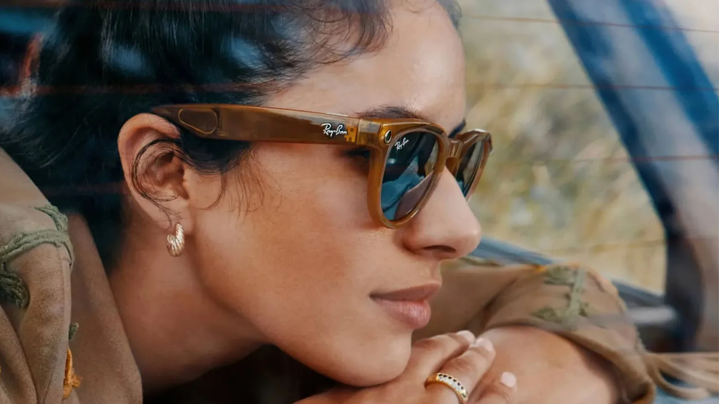 Woman wearing Ray-Ban Meta smart glasses amid debates over a smart glasses ban.
