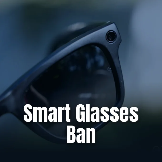 A close-up view of black smart glasses highlighting the built-in camera lens on the frame.